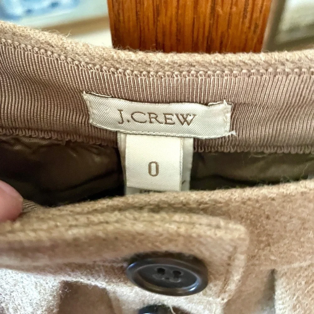 J. Crew 100% wool button front pleated knee length lined a-line skirt SZ 0 tan
